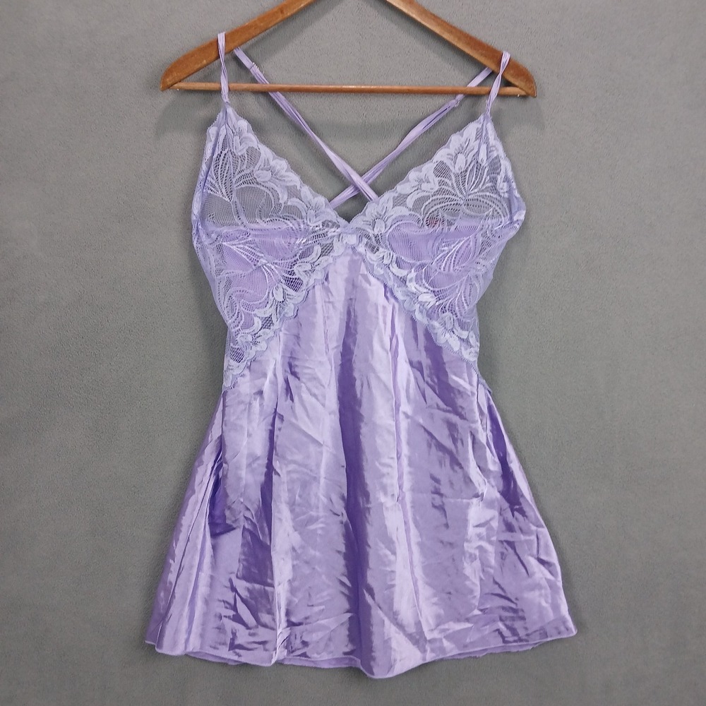 Avidlove Chemise Pajama Dress Women XL Purple Floral Lace Cups Criss-Cross Strap